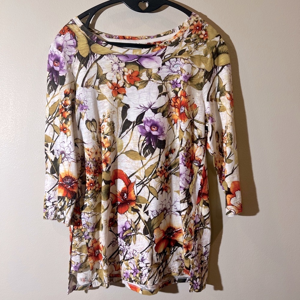 Chico’s 0 scoop neck 3/4 sleeve floral top, women S cotton‎ modal lightweight ￼